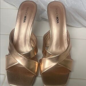 Fashion Nova Gold Mules with X-Strap Design